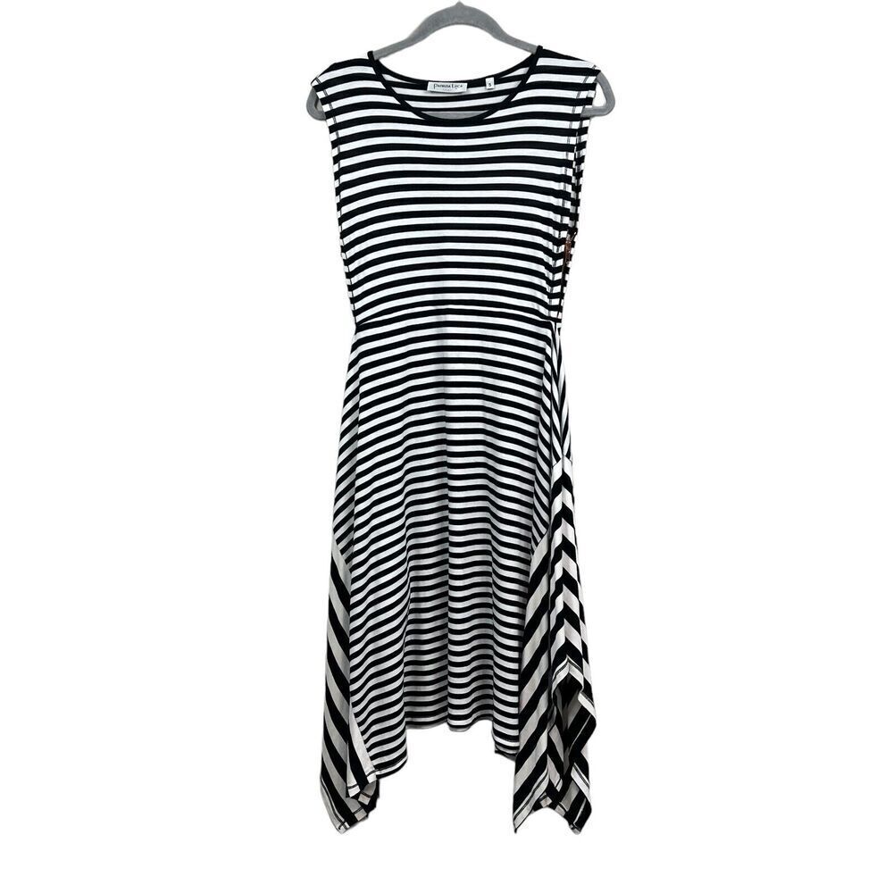 Patrizia Luca Stripe Midi Dress Stretch Striped Asymmetric Hem Sleeveless Sz S*